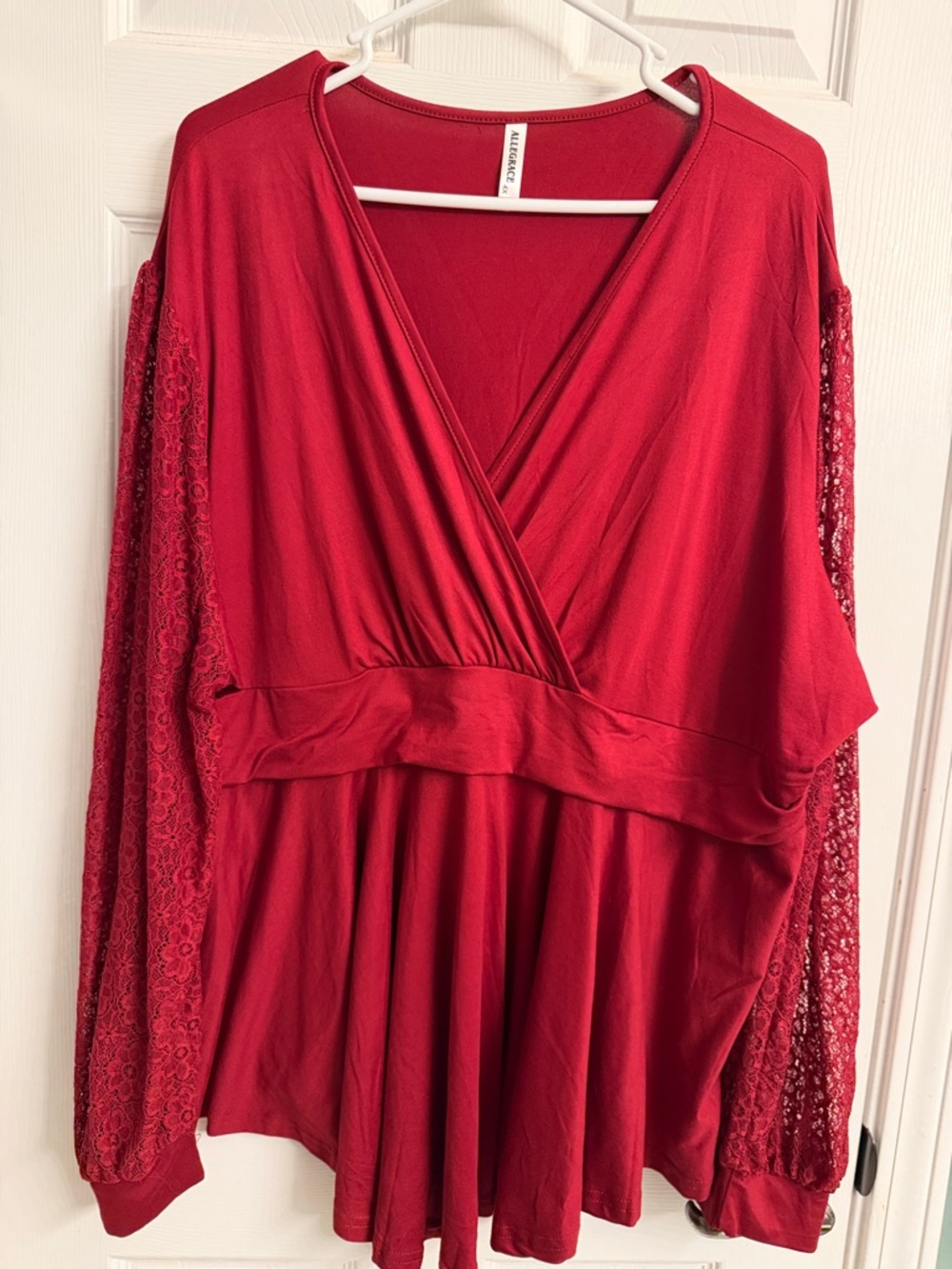 A.N.A. Red Lace-Sleeve Surplice Blouse